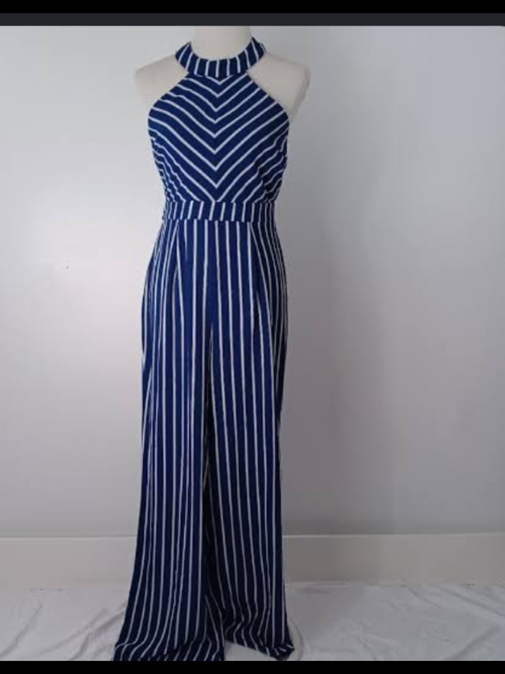 Crystal Sky Striped Navy And White Halter Jumpsuit Size 11 NWOT